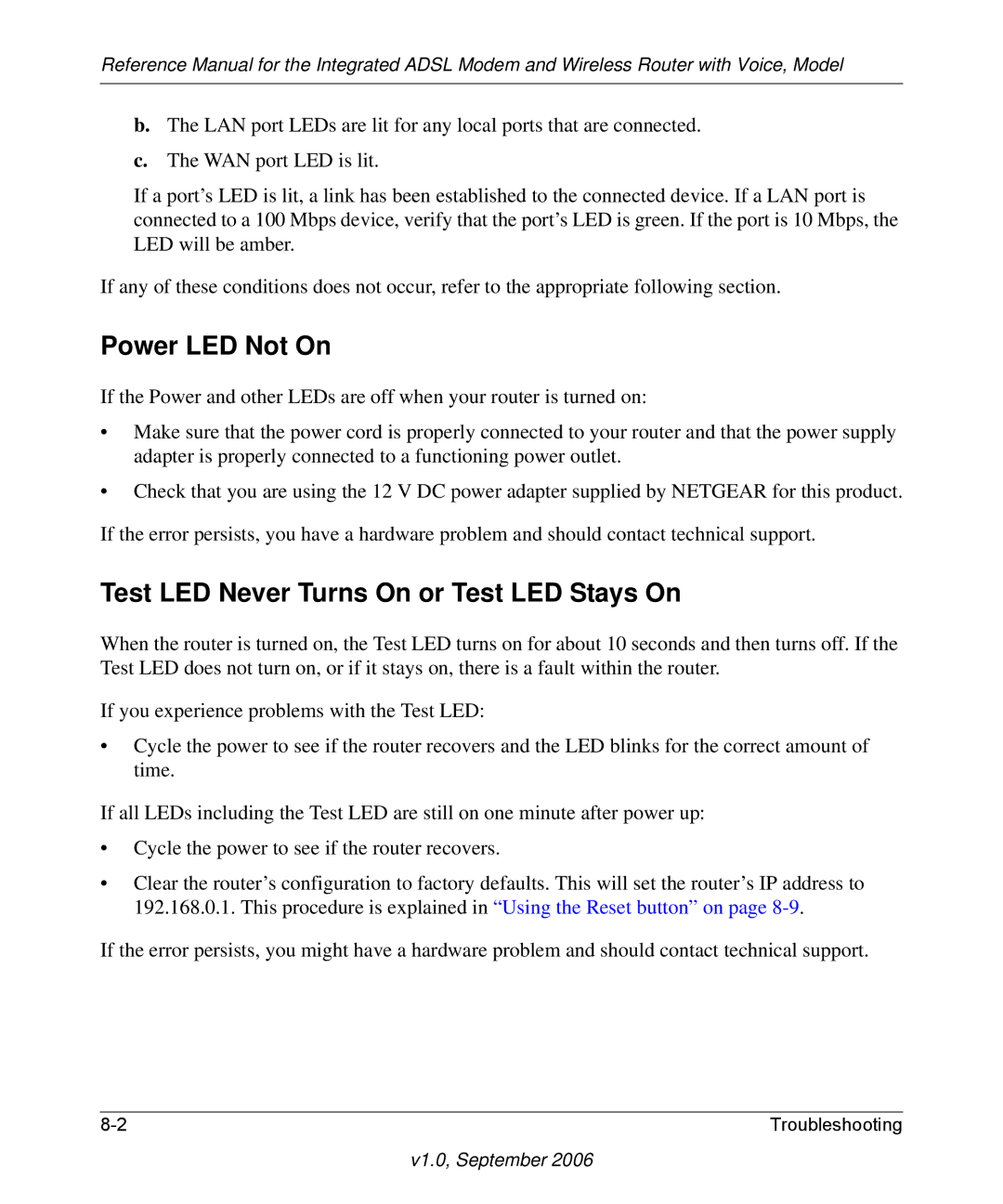 NETGEAR DG834GV v2 manual Power LED Not On, Test LED Never Turns On or Test LED Stays On 