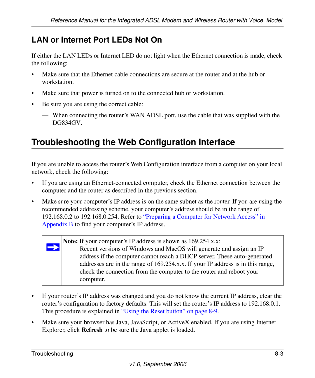 NETGEAR DG834GV v2 manual Troubleshooting the Web Configuration Interface, LAN or Internet Port LEDs Not On 