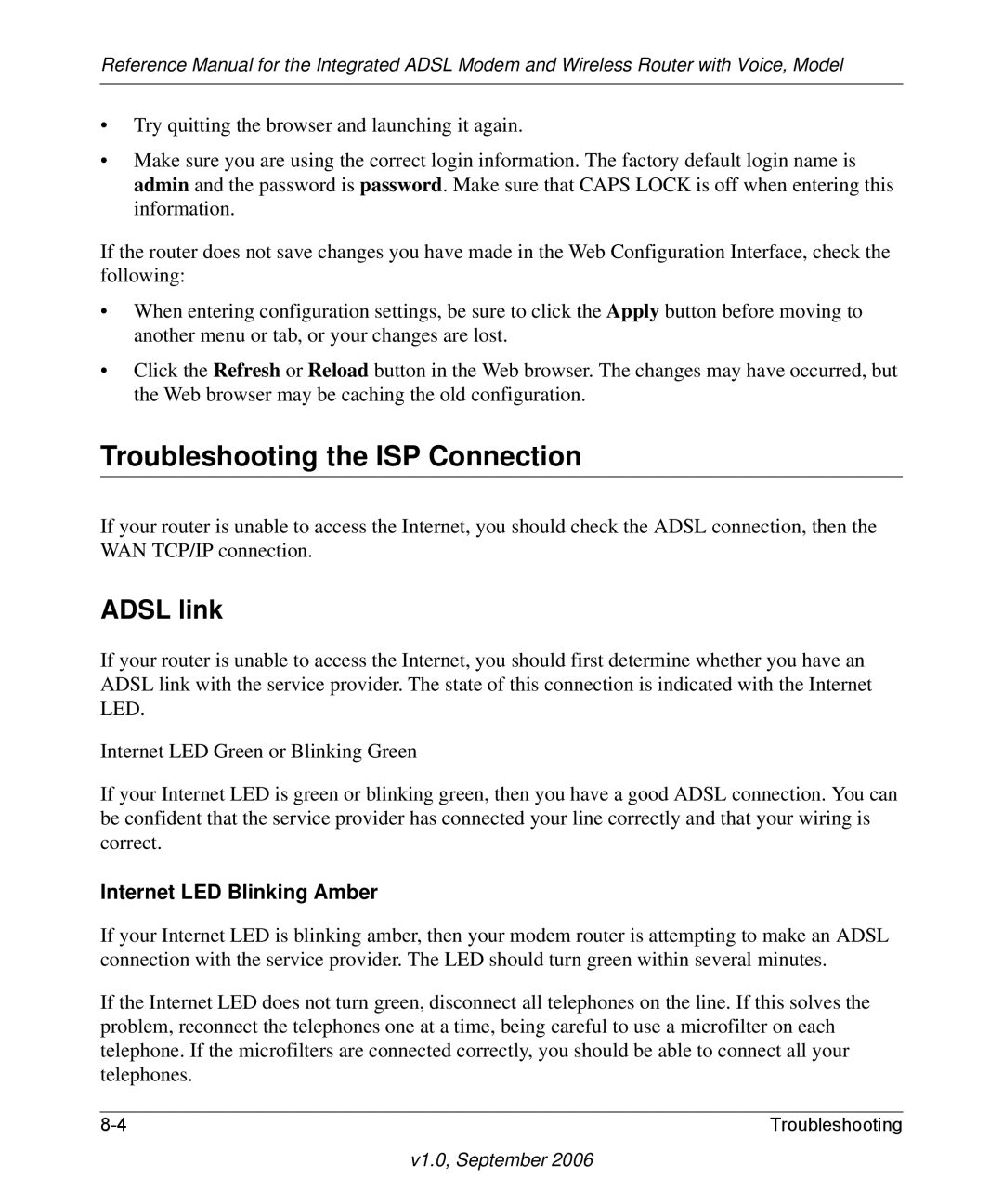 NETGEAR DG834GV v2 manual Troubleshooting the ISP Connection, Adsl link, Internet LED Blinking Amber 