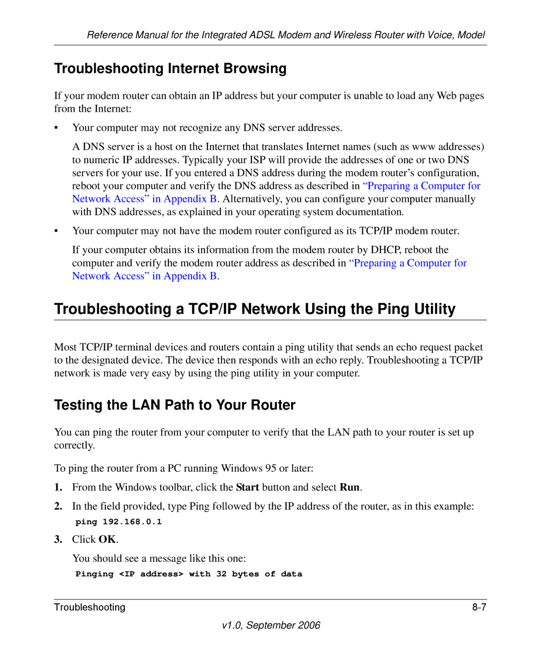 NETGEAR DG834GV v2 manual Troubleshooting a TCP/IP Network Using the Ping Utility, Troubleshooting Internet Browsing 