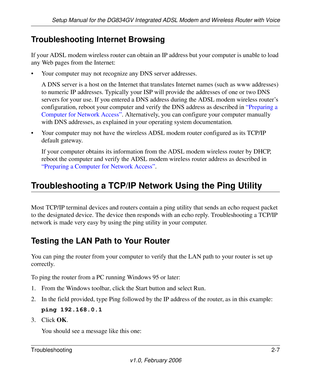 NETGEAR DG834GV manual Troubleshooting a TCP/IP Network Using the Ping Utility, Troubleshooting Internet Browsing 