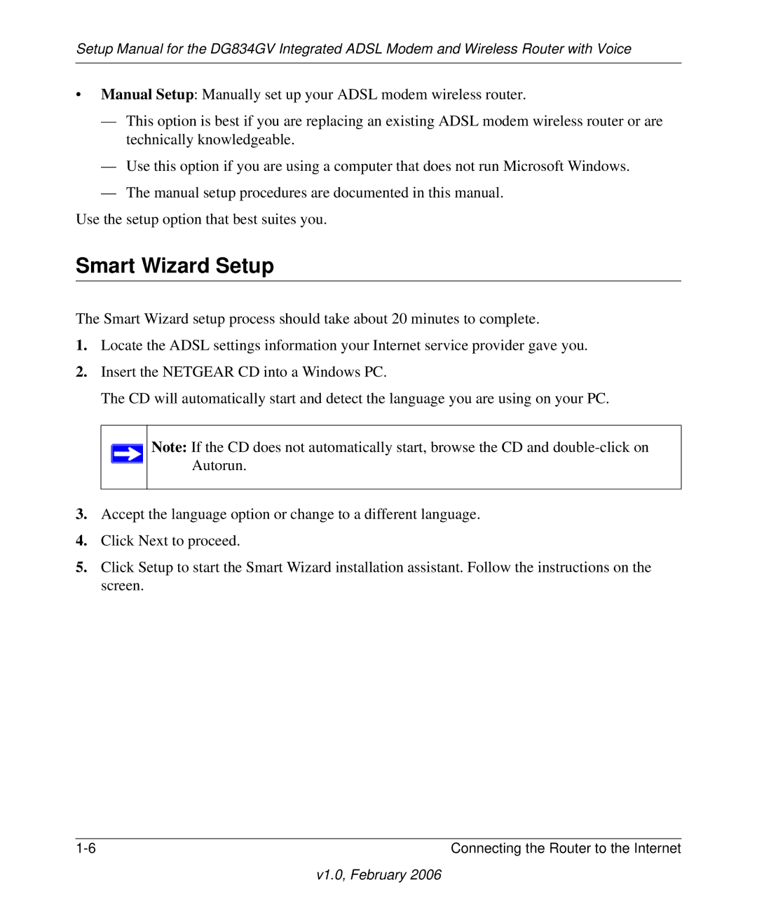 NETGEAR DG834GV manual Smart Wizard Setup 