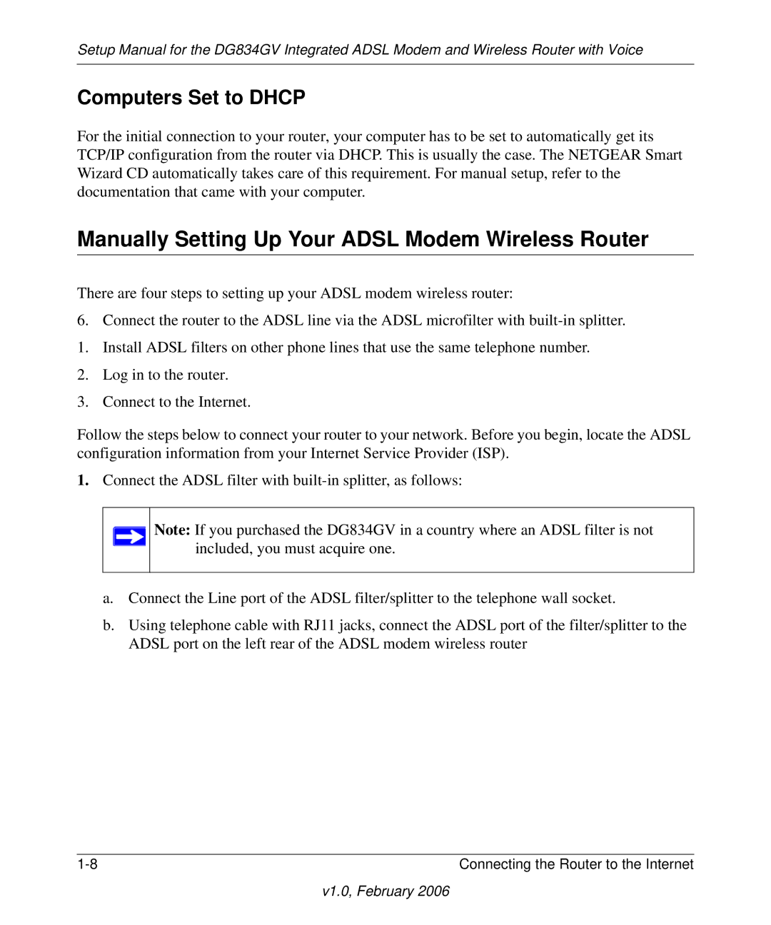 NETGEAR DG834GV manual Manually Setting Up Your Adsl Modem Wireless Router, Computers Set to Dhcp 