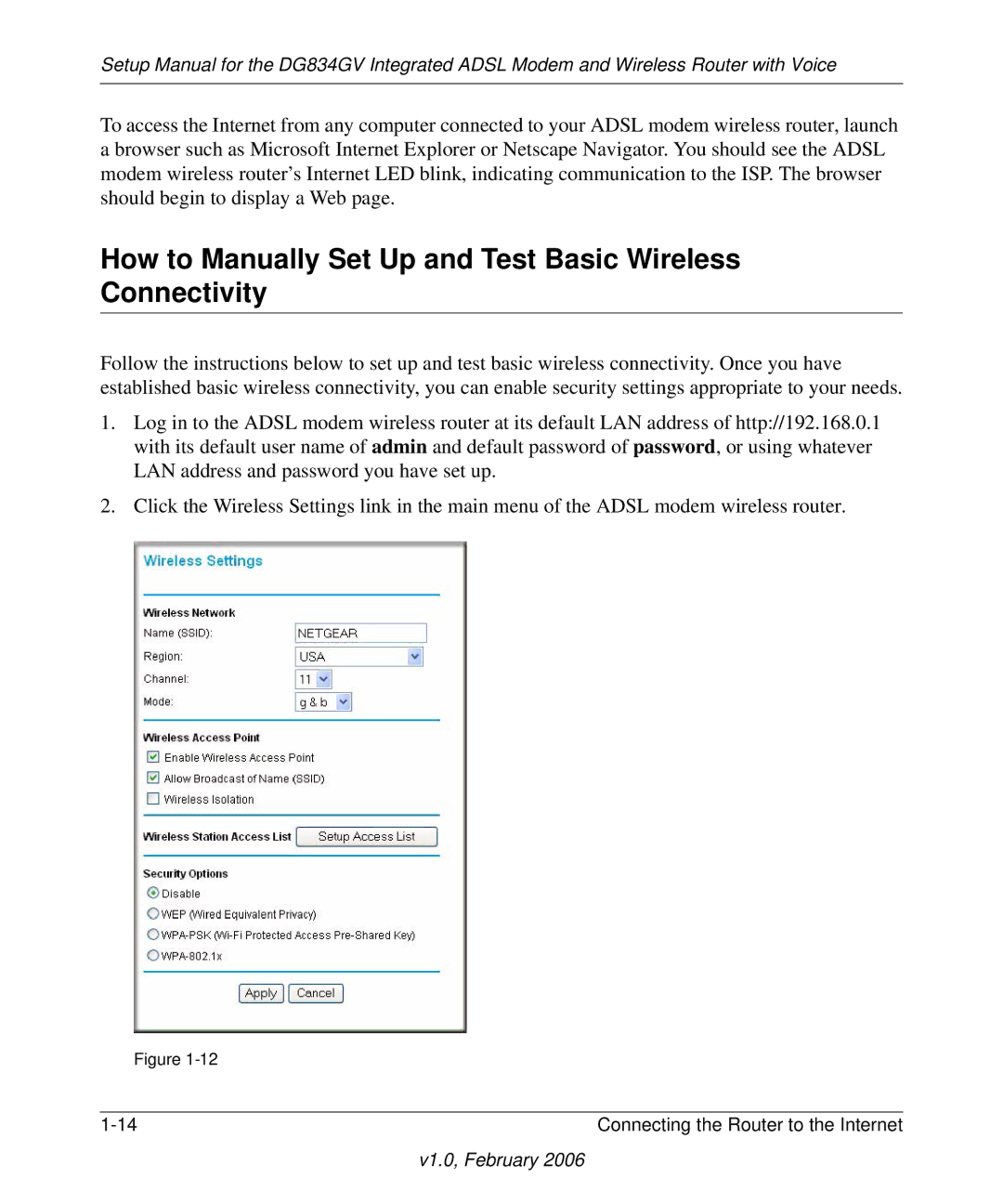 NETGEAR DG834GV manual How to Manually Set Up and Test Basic Wireless Connectivity 