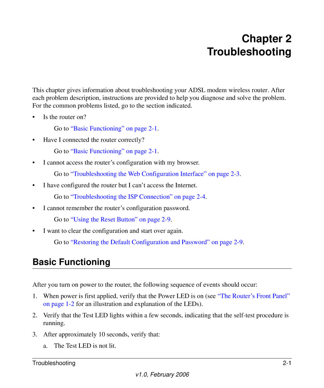 NETGEAR DG834GV manual Chapter Troubleshooting, Basic Functioning 