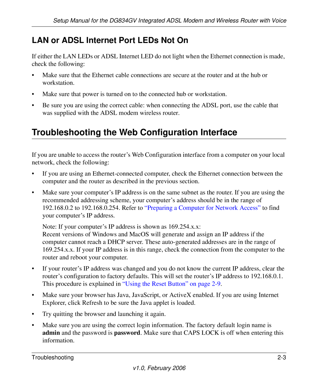 NETGEAR DG834GV manual Troubleshooting the Web Configuration Interface, LAN or Adsl Internet Port LEDs Not On 