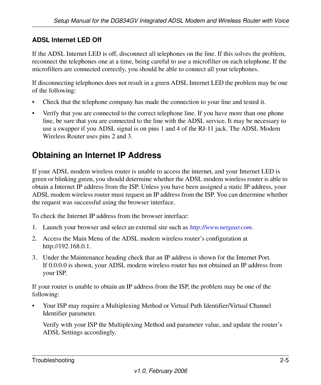 NETGEAR DG834GV manual Obtaining an Internet IP Address, Adsl Internet LED Off 