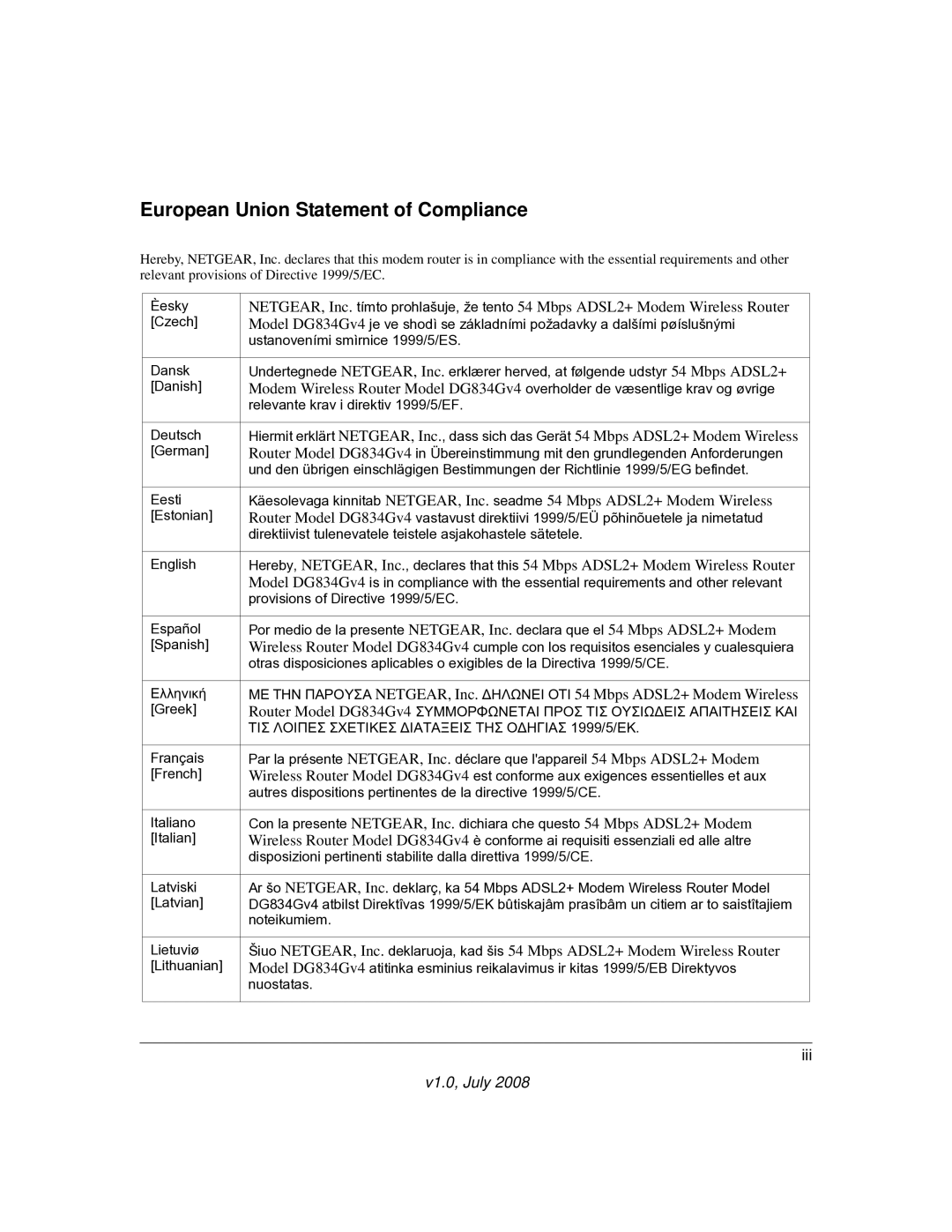 NETGEAR DG834GV4 manual European Union Statement of Compliance 