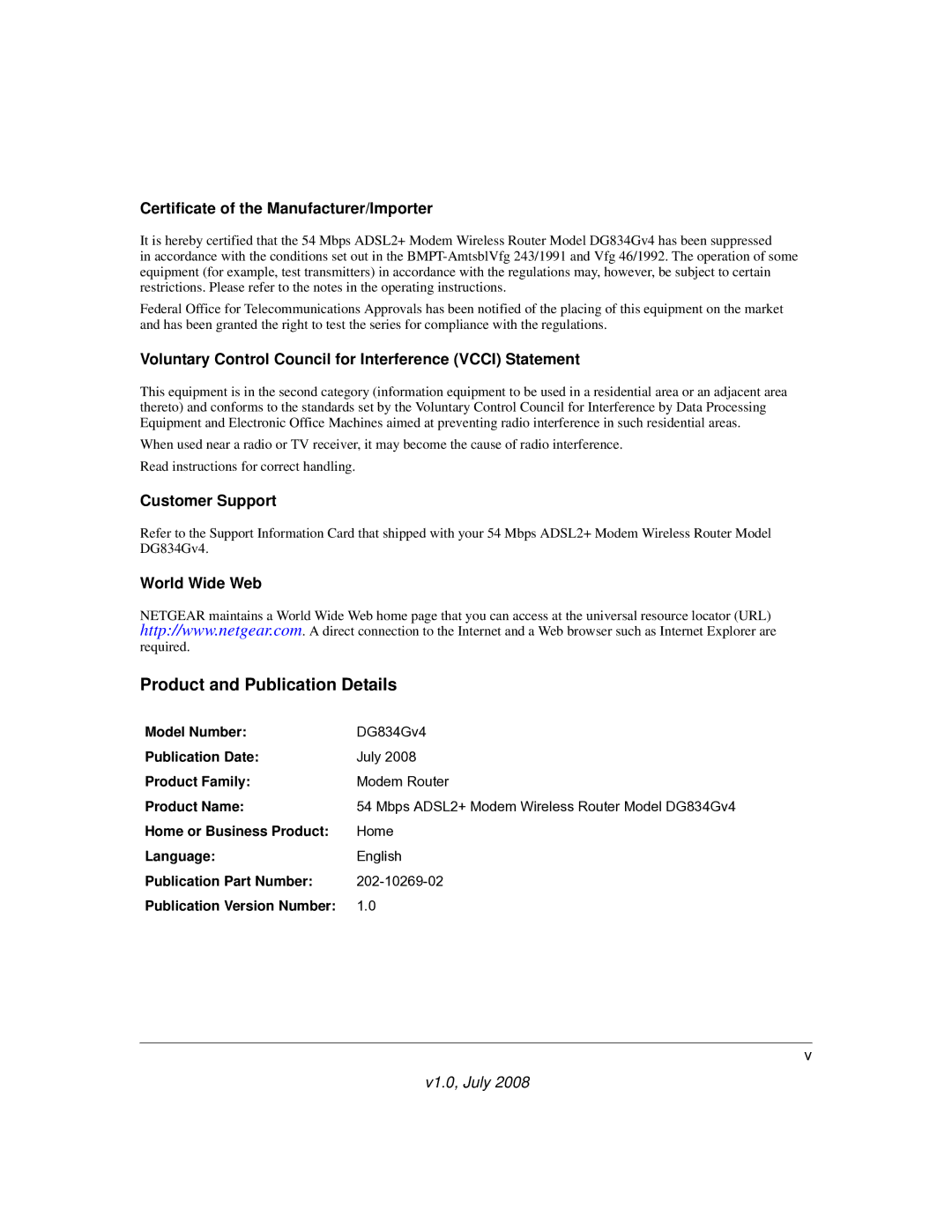 NETGEAR DG834GV4 manual Product and Publication Details, Certificate of the Manufacturer/Importer, Customer Support 