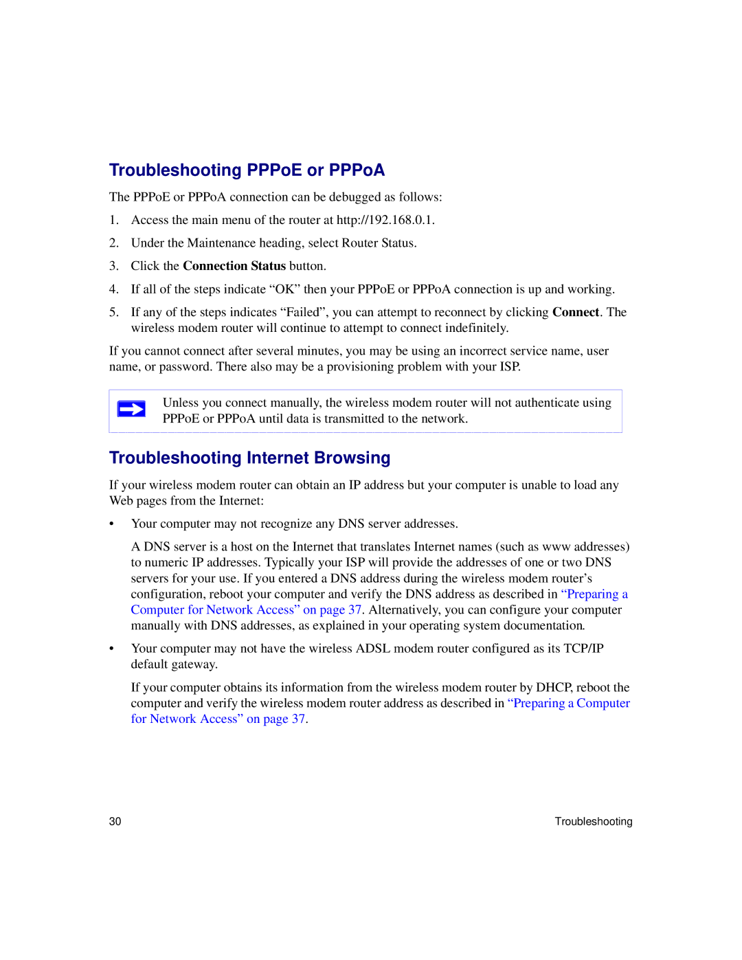 NETGEAR DG834Gv5 manual Troubleshooting PPPoE or PPPoA, Troubleshooting Internet Browsing 