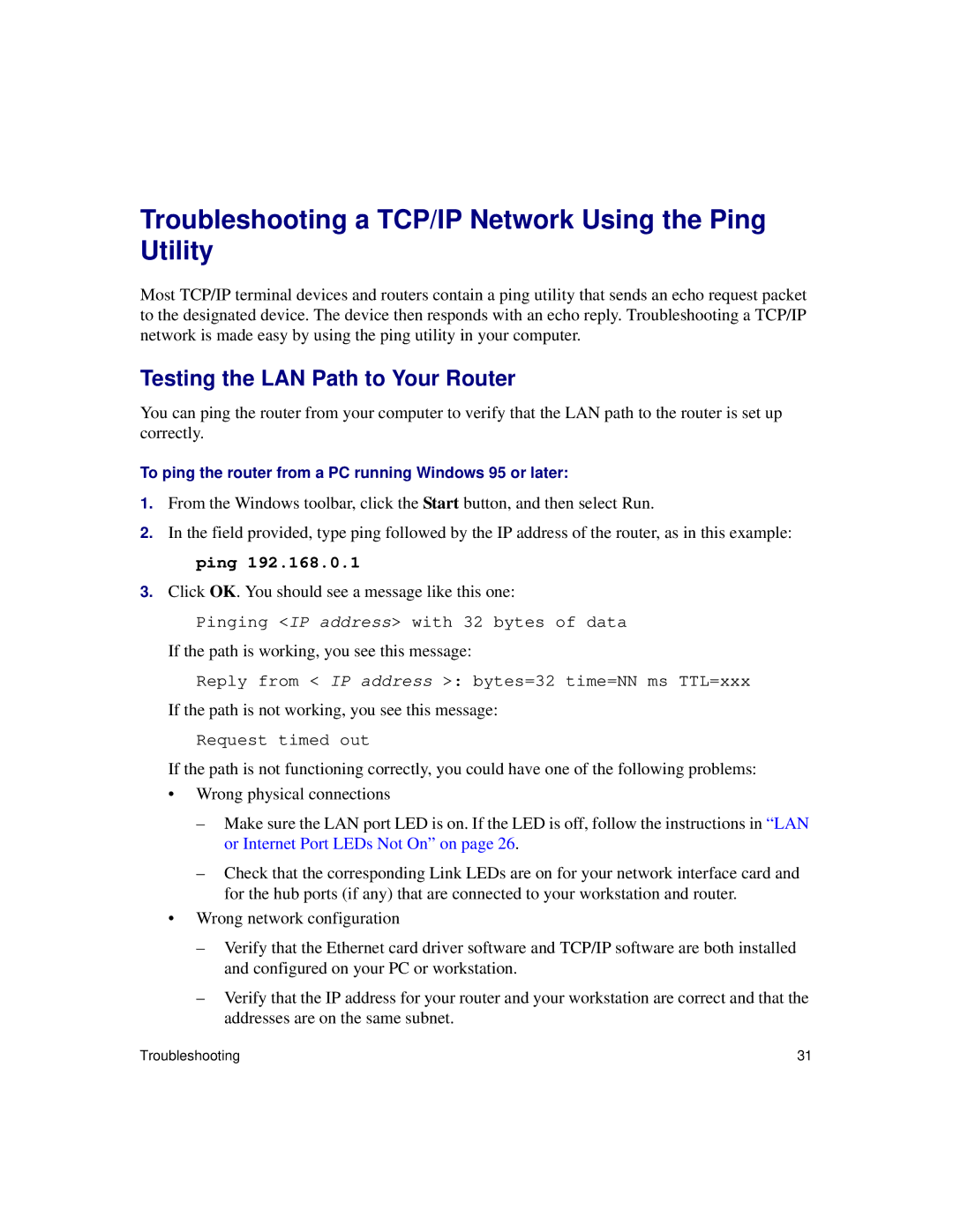 NETGEAR DG834Gv5 manual Troubleshooting a TCP/IP Network Using the Ping Utility, Testing the LAN Path to Your Router 