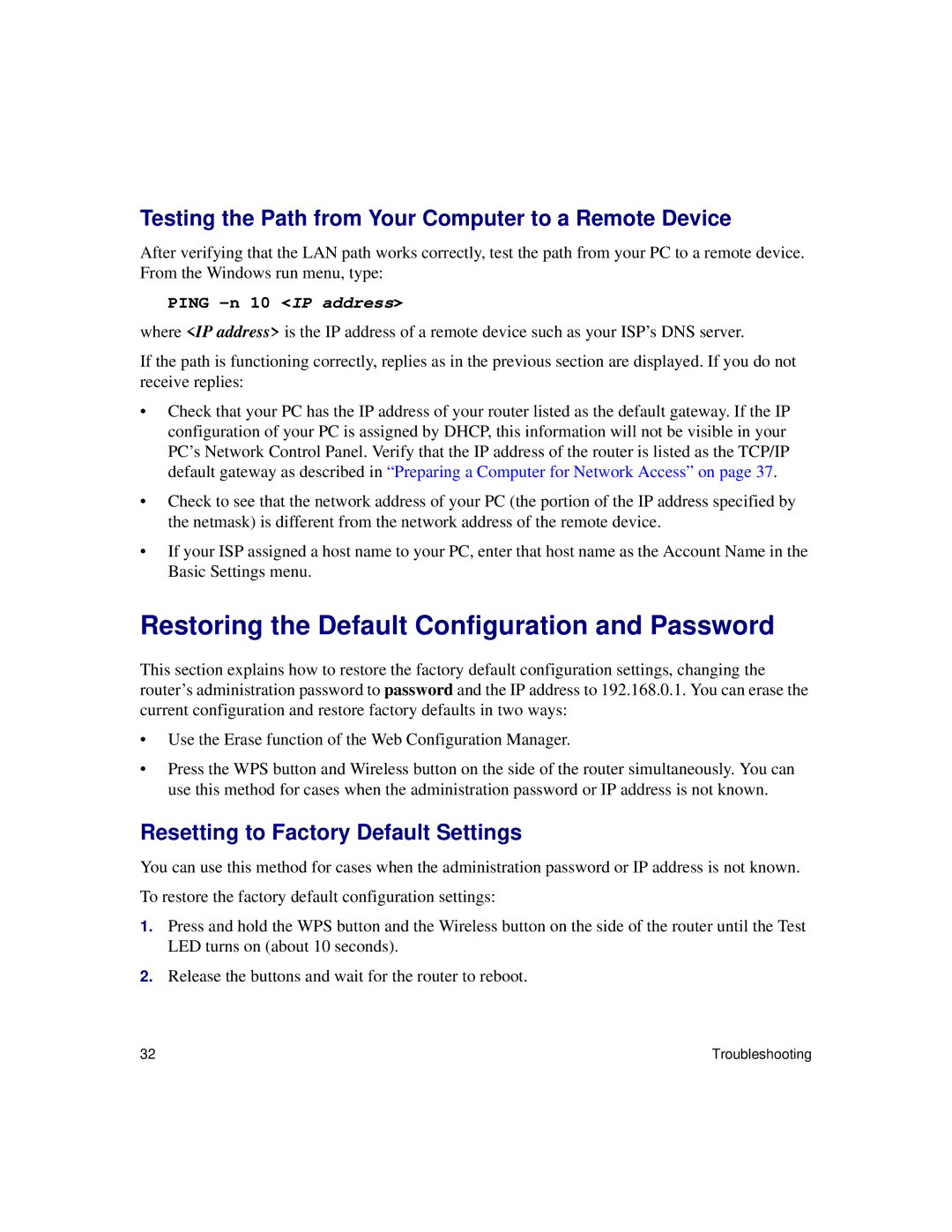 NETGEAR DG834Gv5 Restoring the Default Configuration and Password, Testing the Path from Your Computer to a Remote Device 