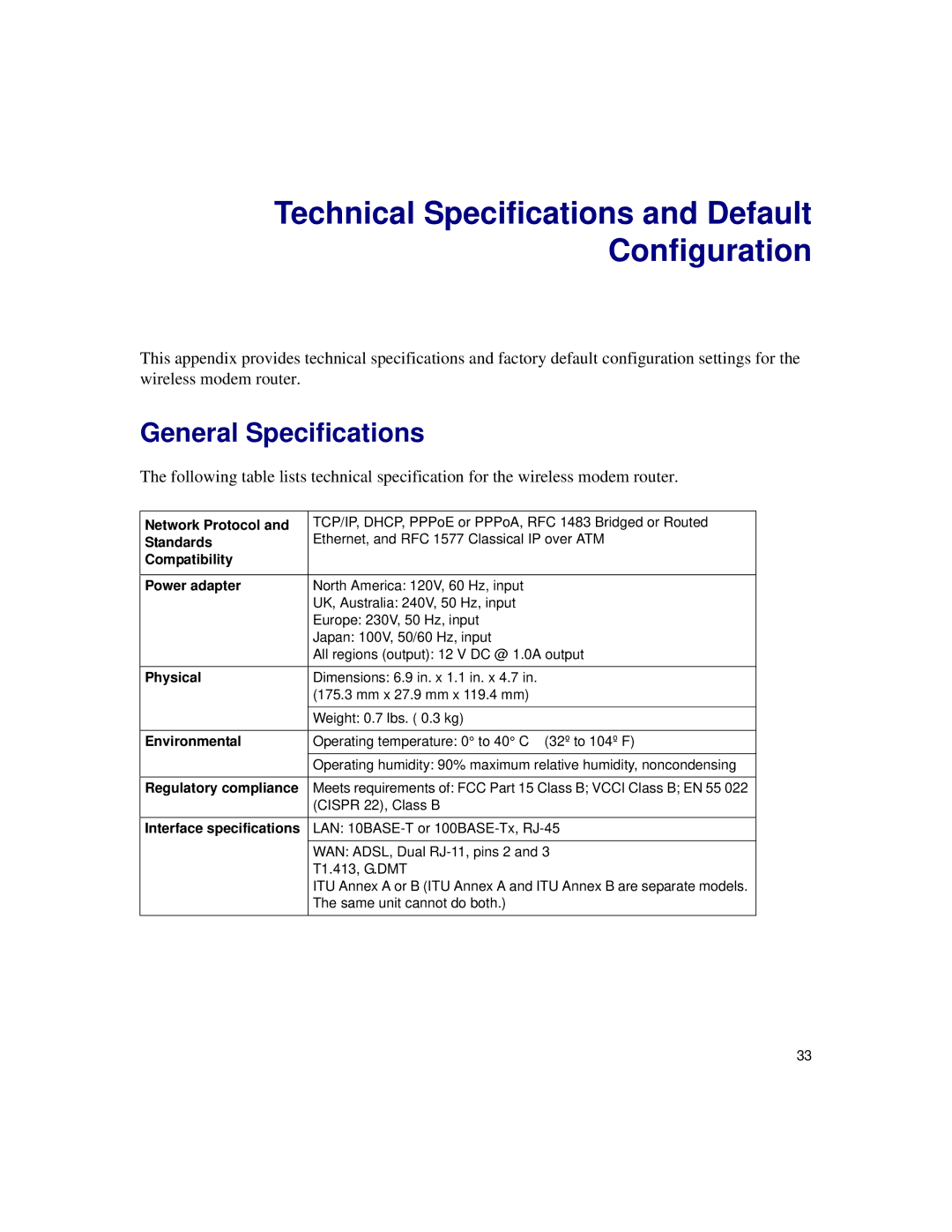 NETGEAR DG834Gv5 manual General Specifications 