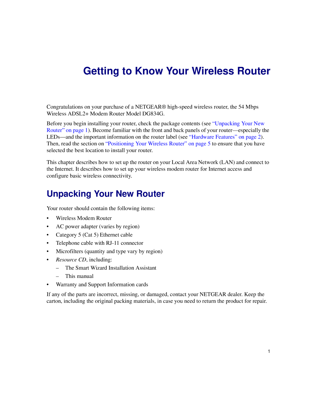 NETGEAR DG834Gv5 manual Getting to Know Your Wireless Router, Unpacking Your New Router 