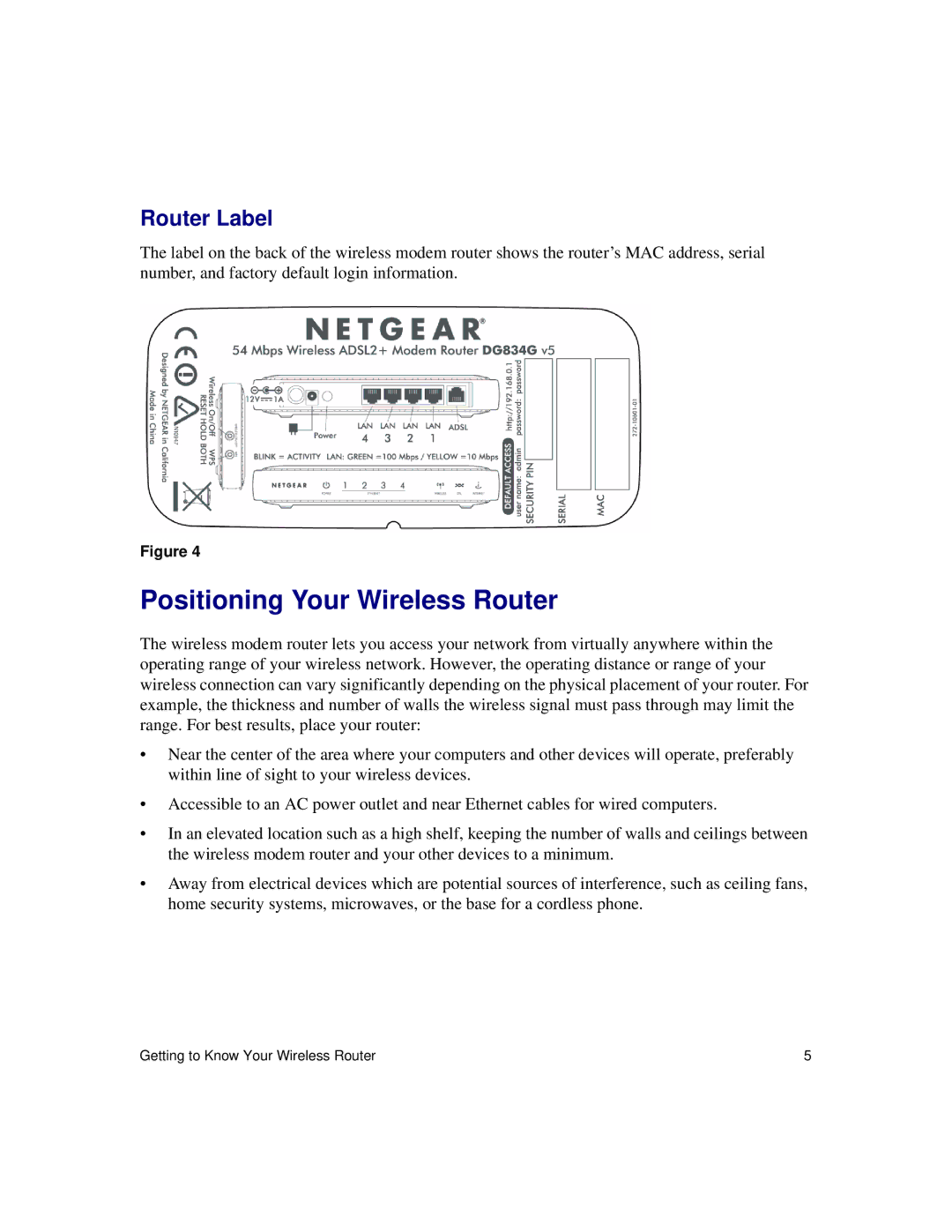 NETGEAR DG834Gv5 manual Positioning Your Wireless Router, Router Label 