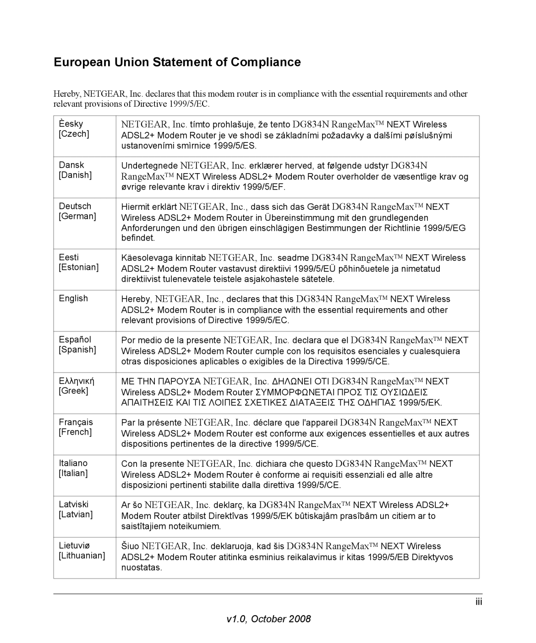 NETGEAR DG834N manual European Union Statement of Compliance 