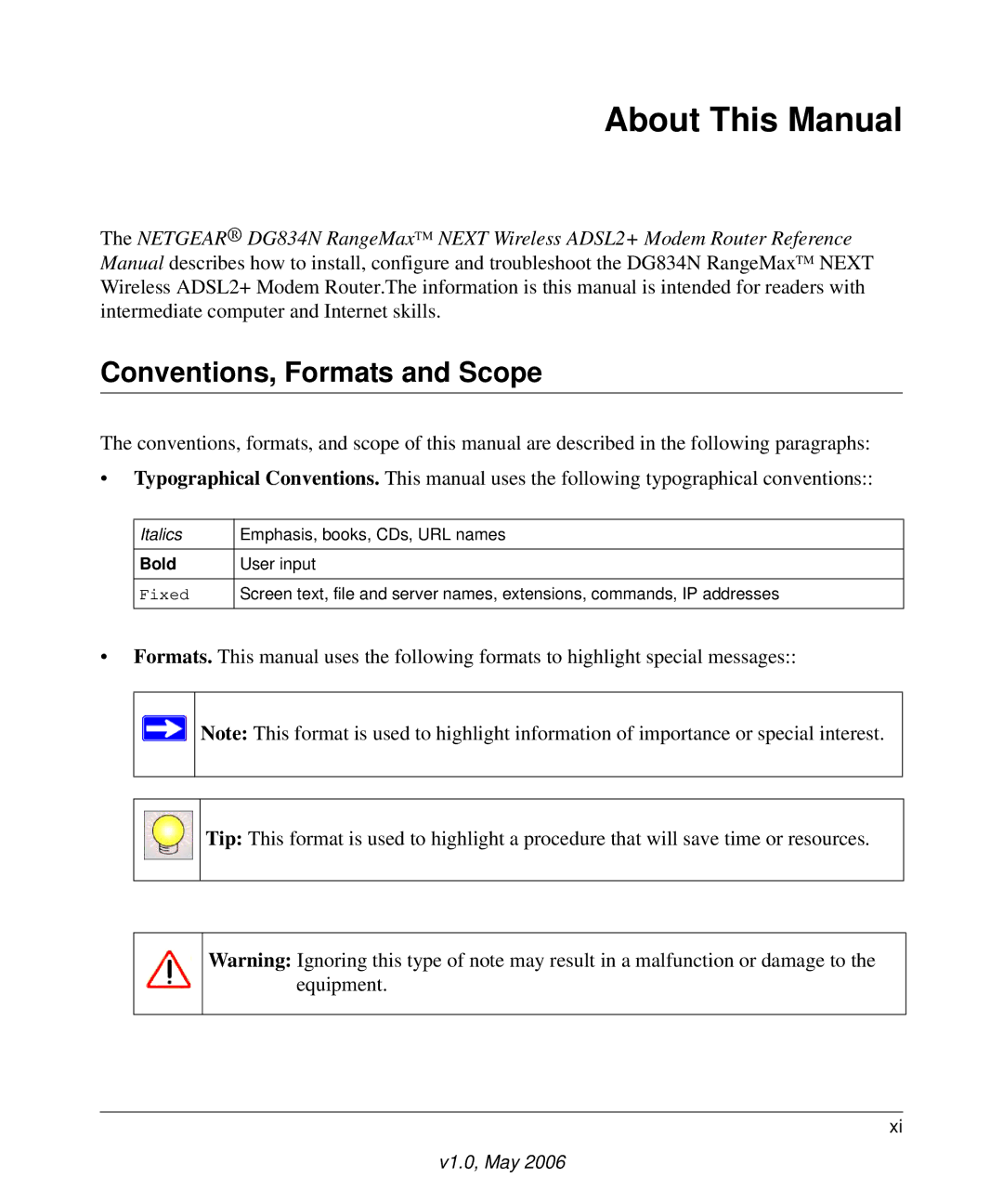 NETGEAR DG834N manual About This Manual, Conventions, Formats and Scope 