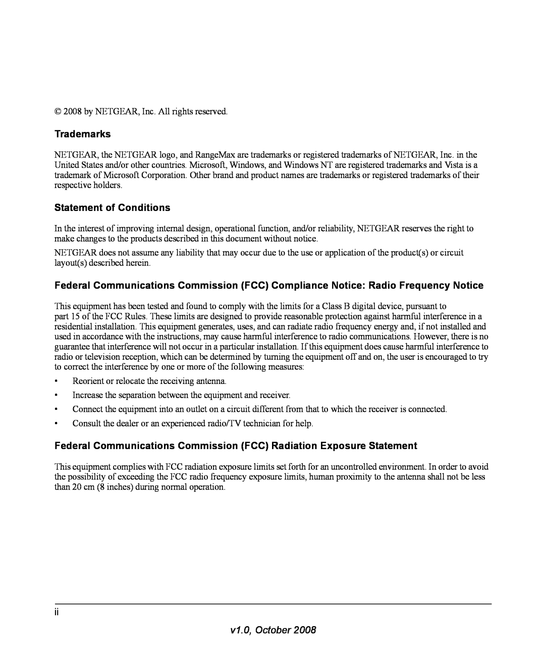 NETGEAR DG834N Trademarks, Statement of Conditions, Federal Communications Commission FCC Radiation Exposure Statement 