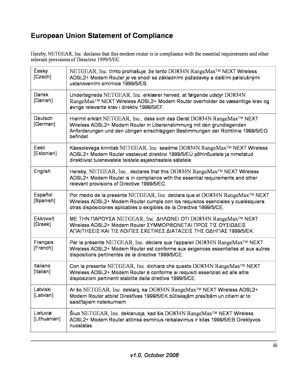 NETGEAR DG834N manual European Union Statement of Compliance, v1.0, October 