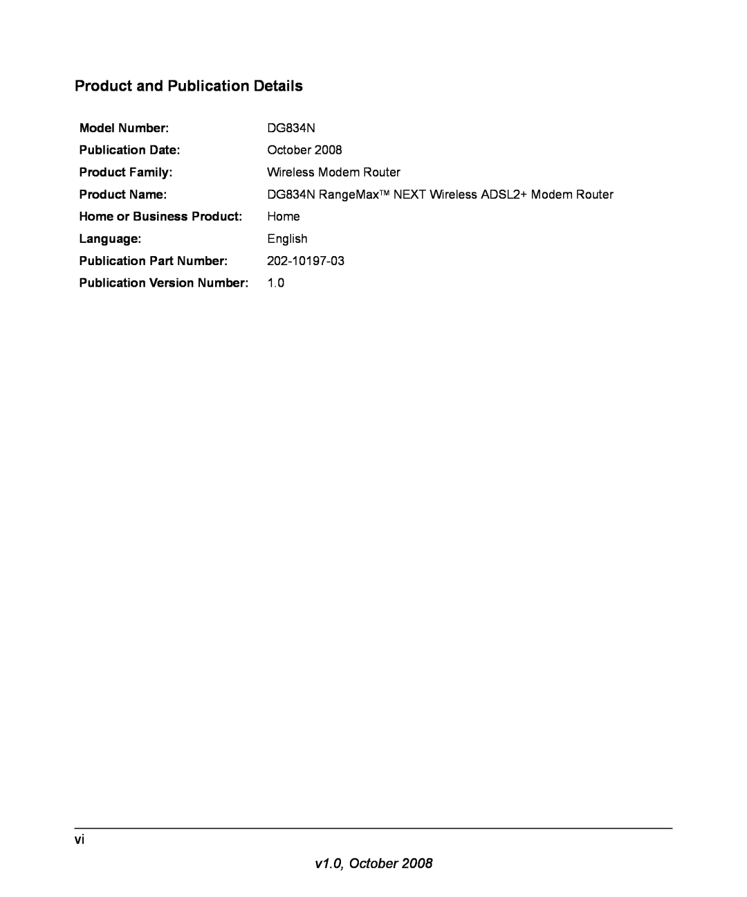 NETGEAR DG834N manual Product and Publication Details, v1.0, October 