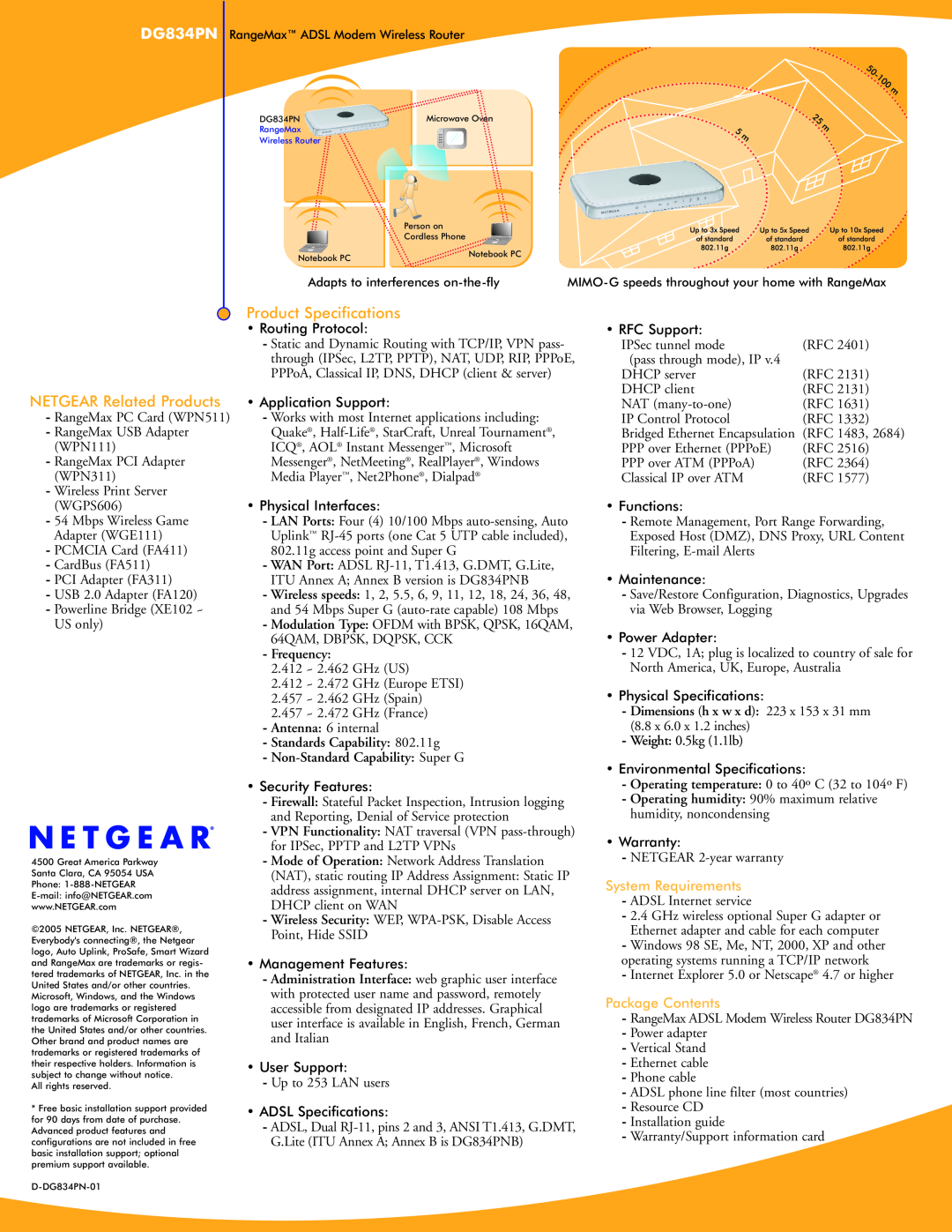 NETGEAR DG834PN manual Product Specifications, NETGEAR Related Products, Frequency, System Requirements, Package Contents 