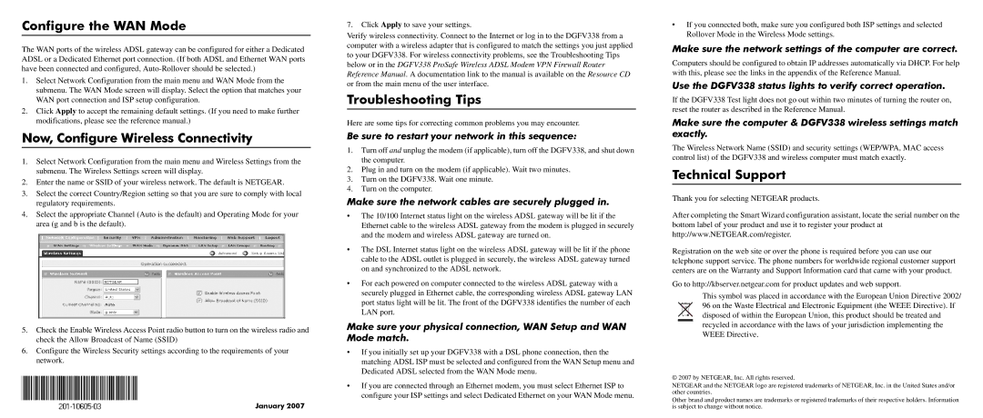 NETGEAR DGFV338 ProSafe manual Configure the WAN Mode, Now, Configure Wireless Connectivity, Troubleshooting Tips 