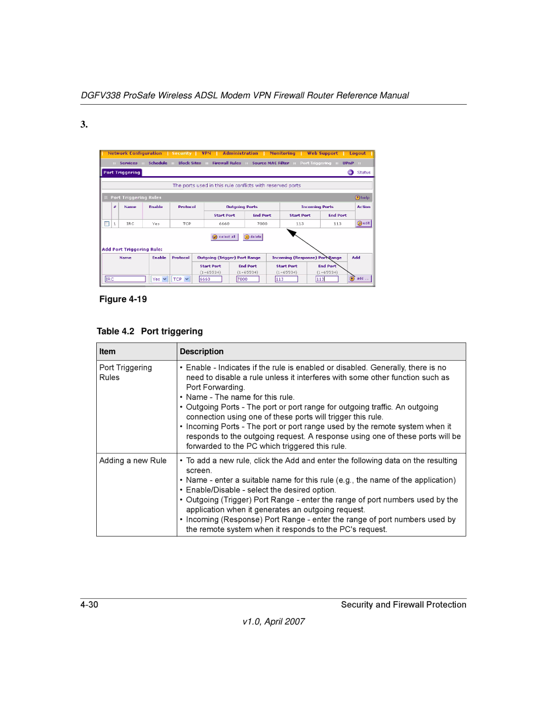 NETGEAR DGFV338 manual Port triggering 