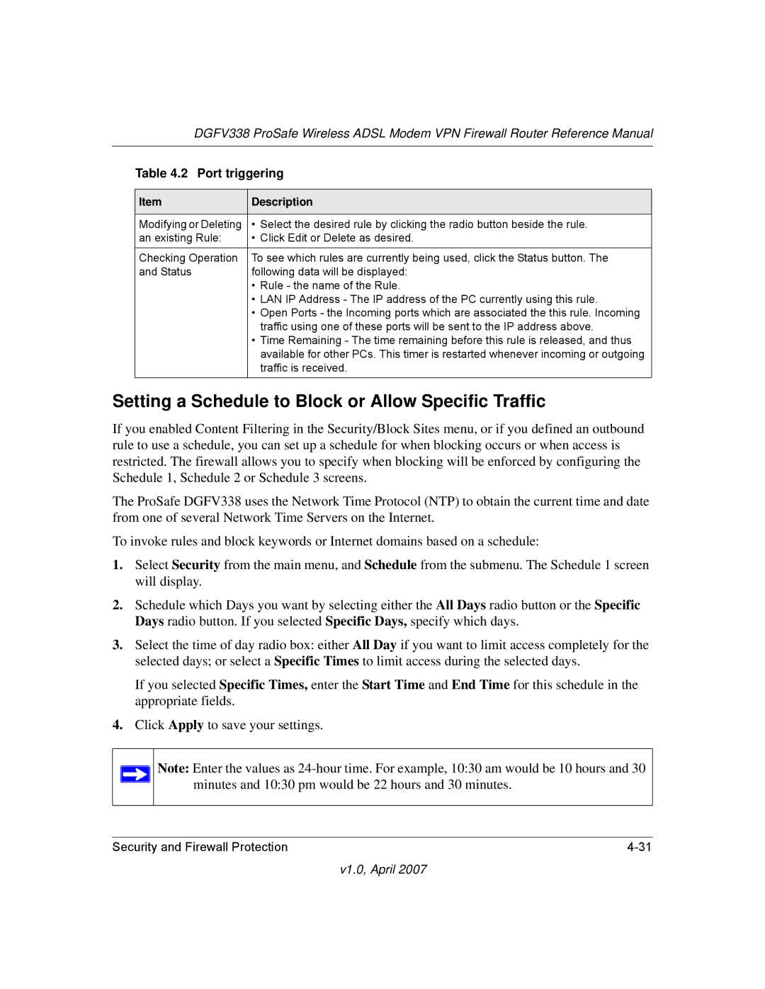 NETGEAR DGFV338 manual Setting a Schedule to Block or Allow Specific Traffic 