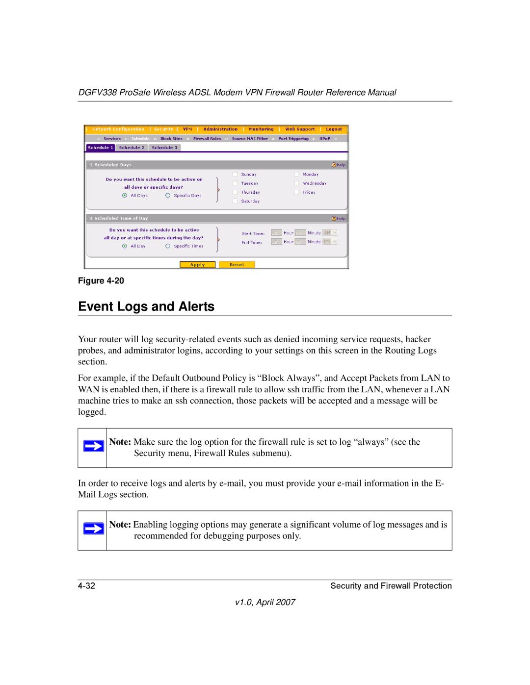 NETGEAR DGFV338 manual Event Logs and Alerts 