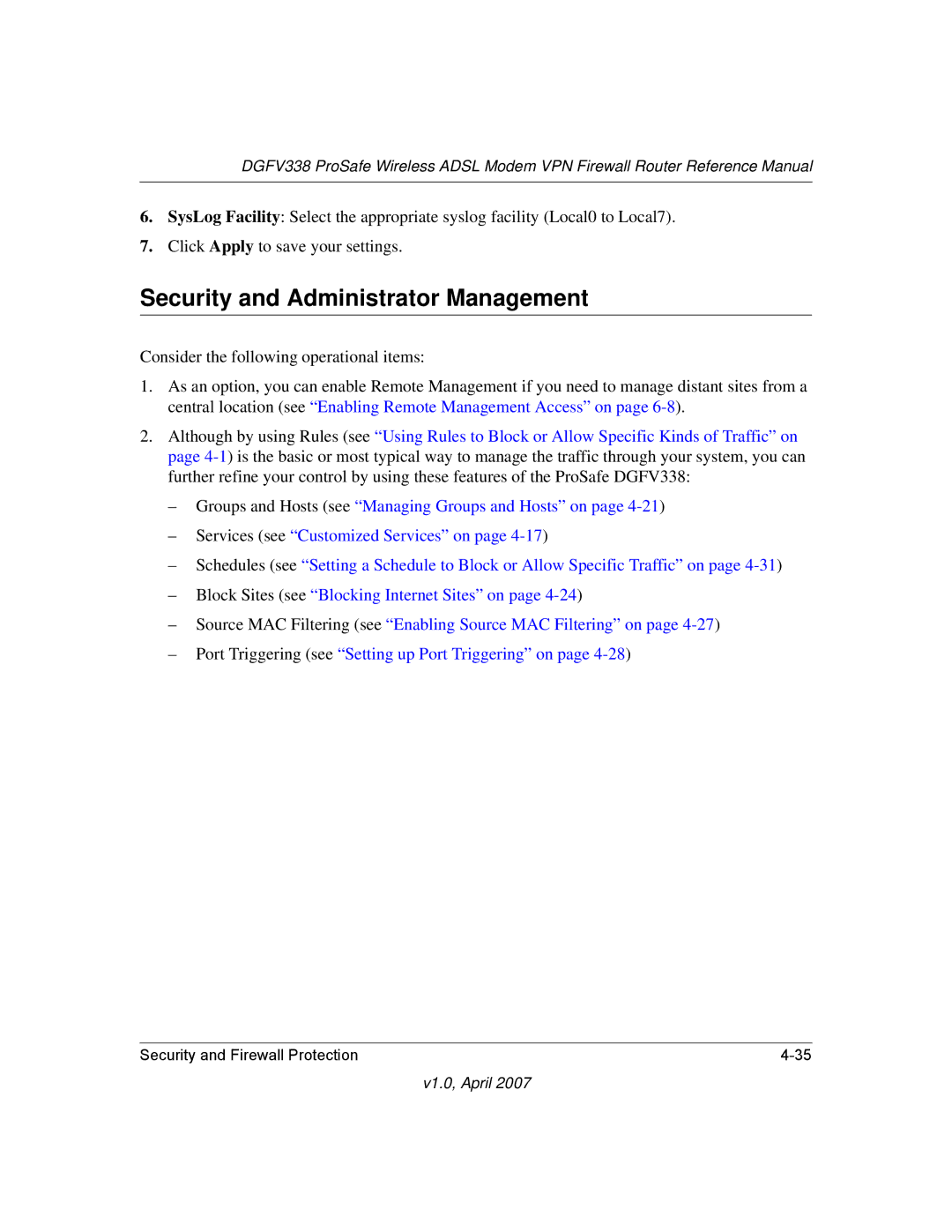 NETGEAR DGFV338 manual Security and Administrator Management 