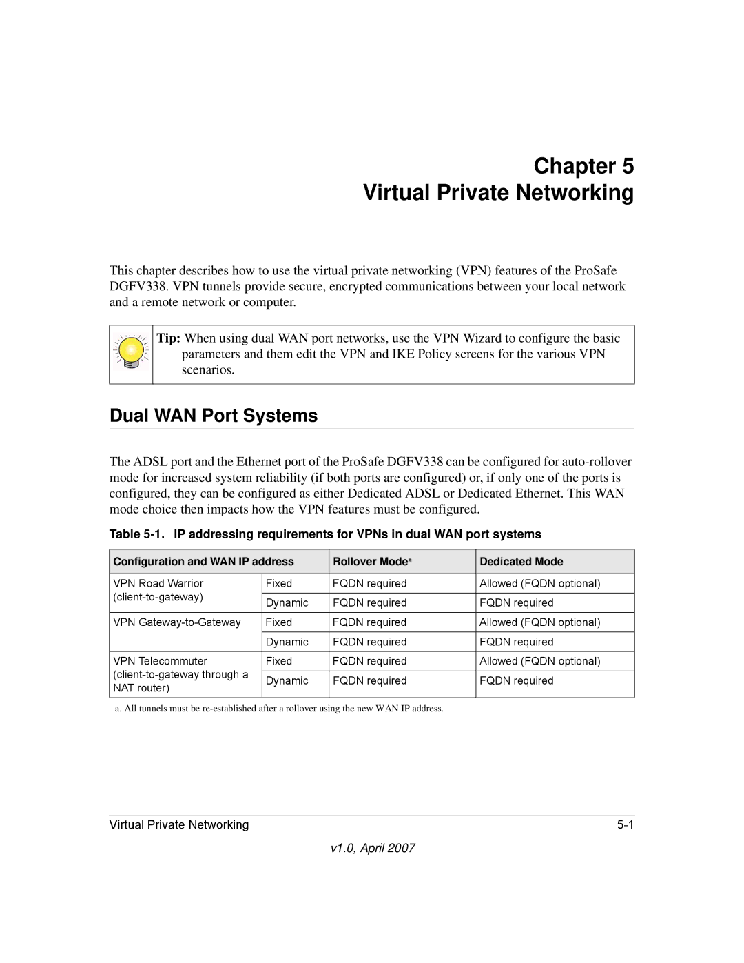 NETGEAR DGFV338 manual Dual WAN Port Systems, IP addressing requirements for VPNs in dual WAN port systems 