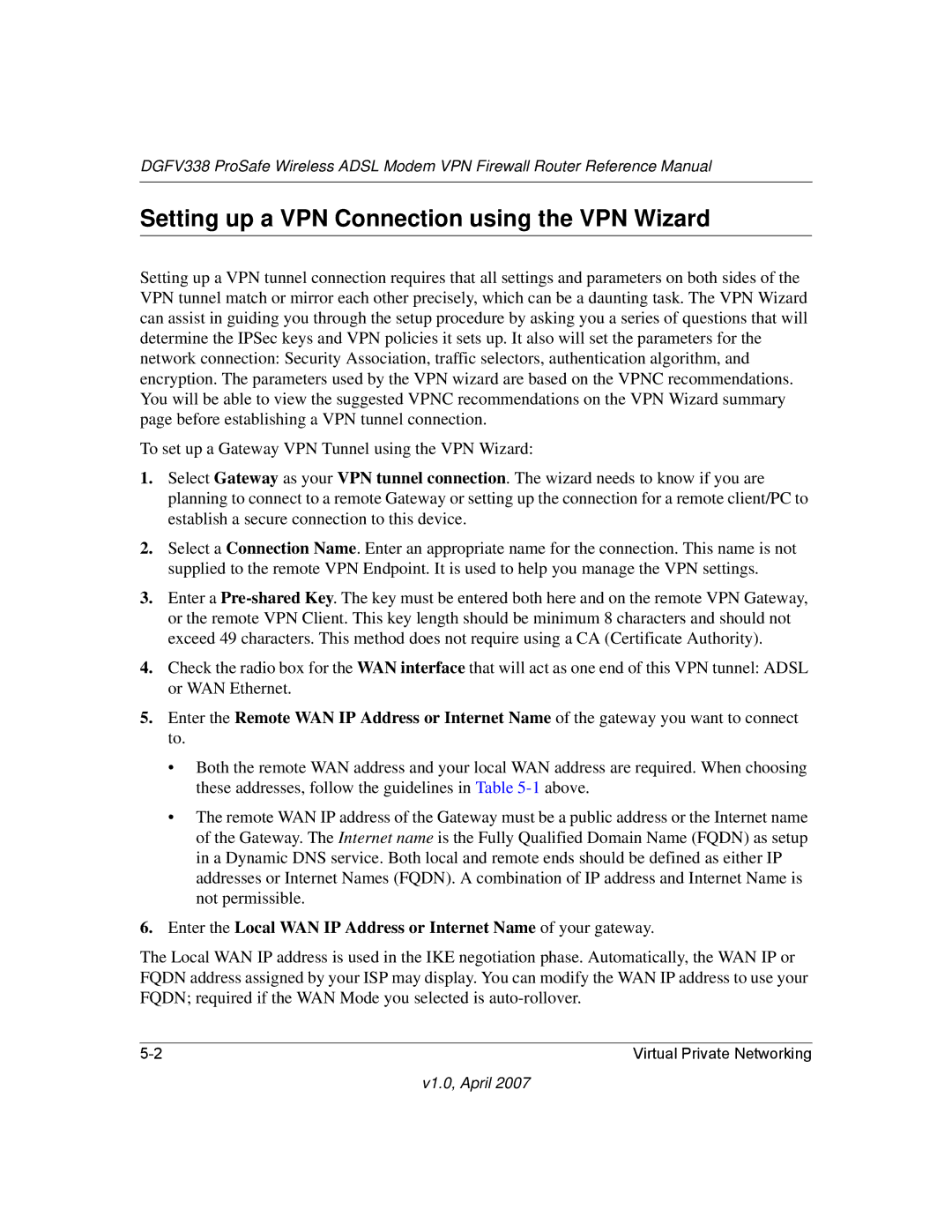 NETGEAR DGFV338 manual Setting up a VPN Connection using the VPN Wizard 