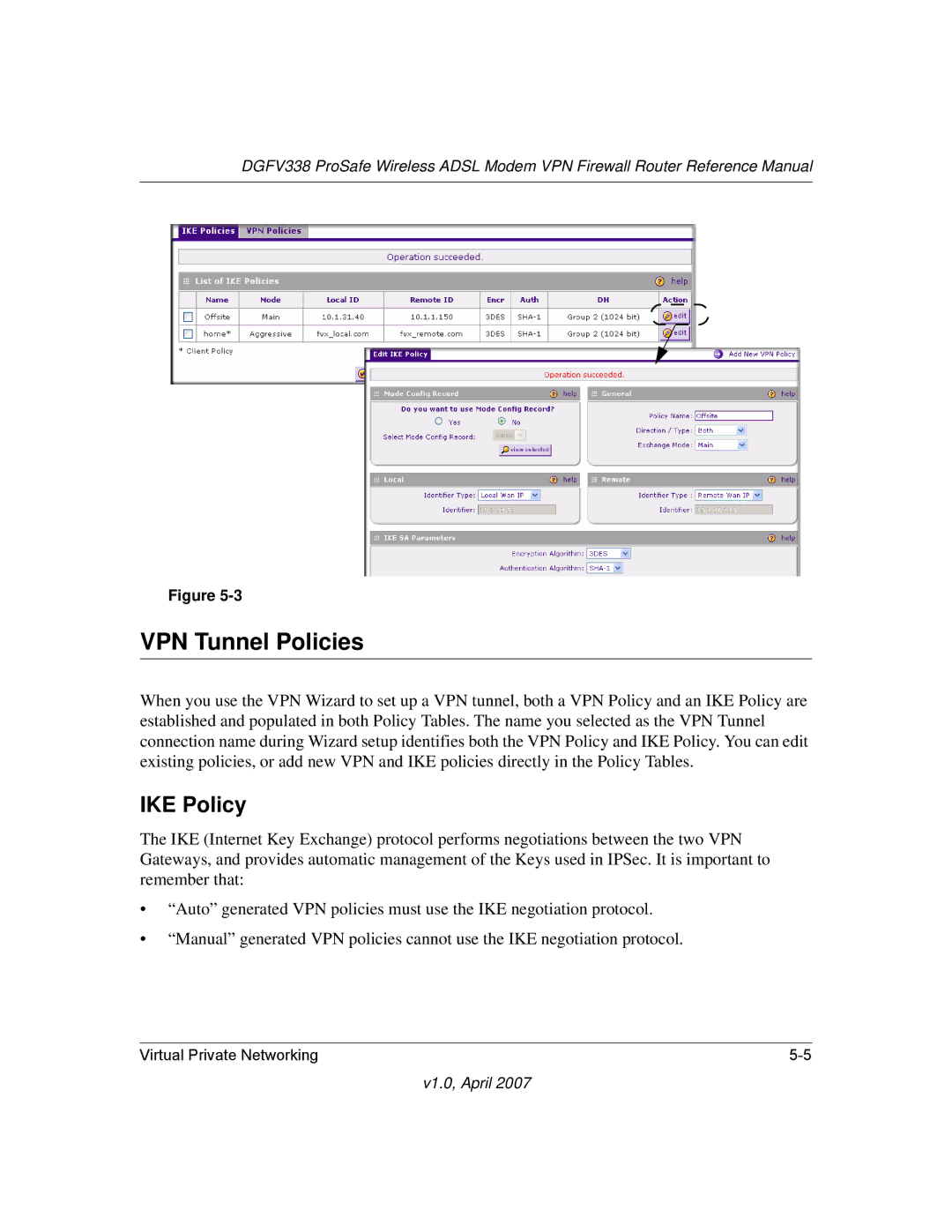 NETGEAR DGFV338 manual VPN Tunnel Policies, IKE Policy 