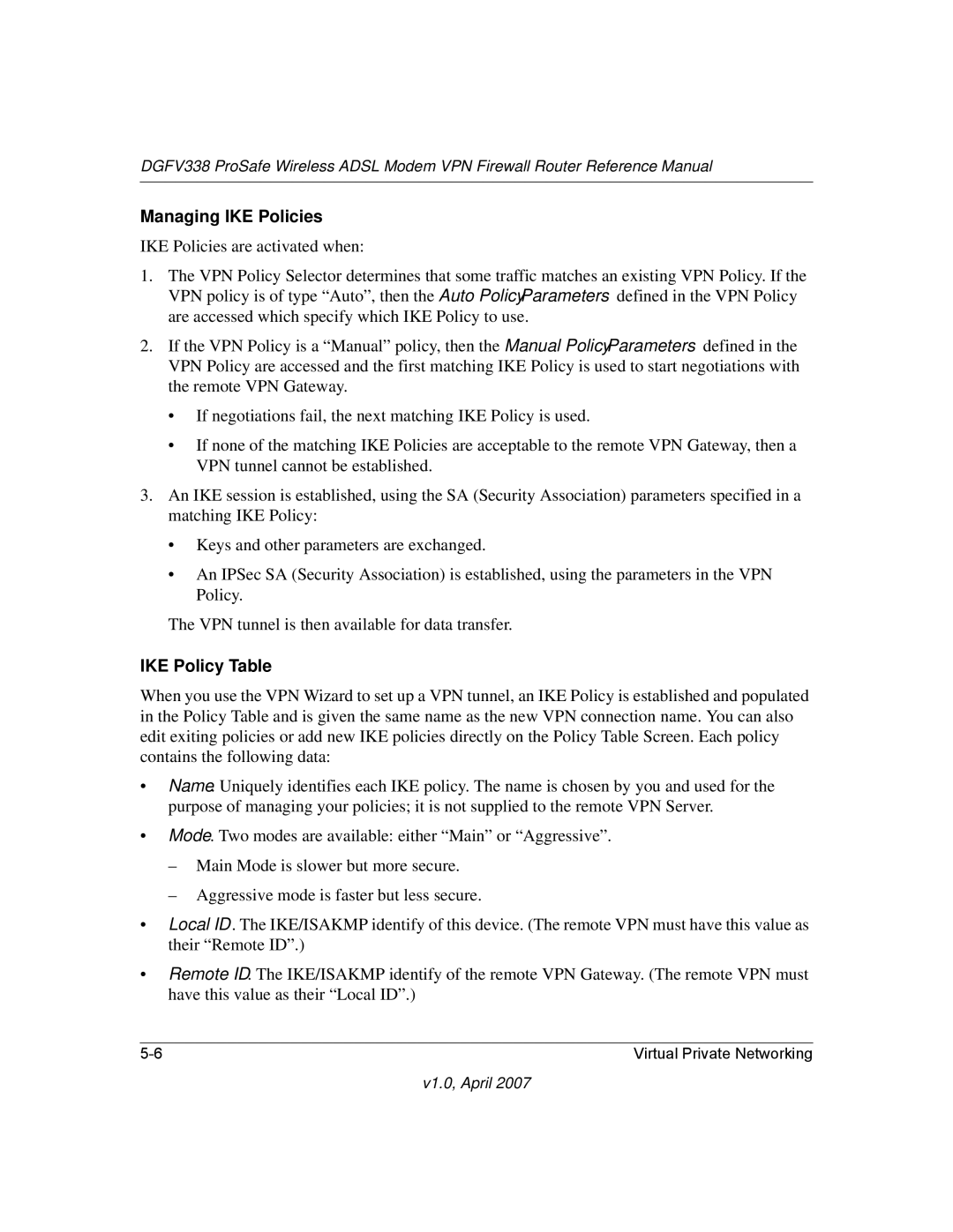 NETGEAR DGFV338 manual Managing IKE Policies, IKE Policy Table 