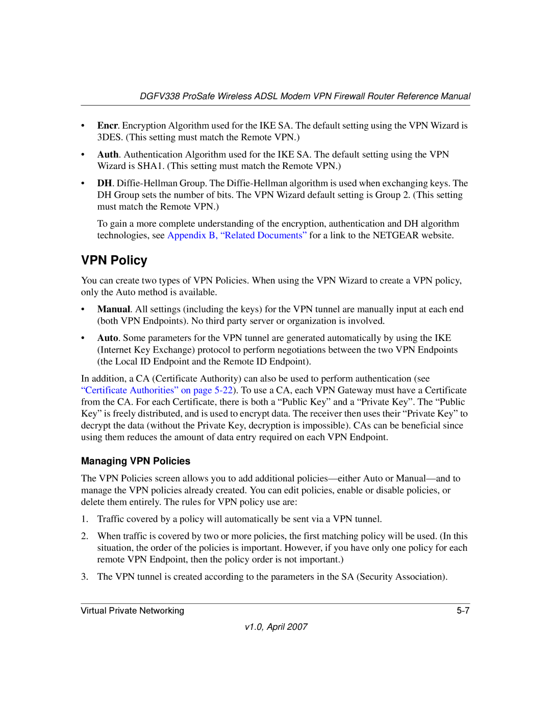 NETGEAR DGFV338 manual VPN Policy, Managing VPN Policies 