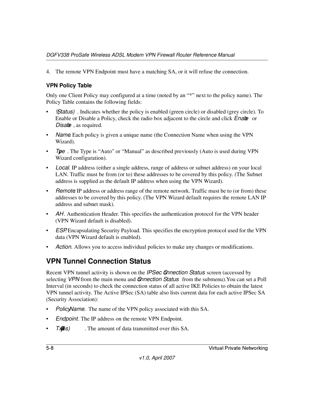 NETGEAR DGFV338 manual VPN Tunnel Connection Status, VPN Policy Table 