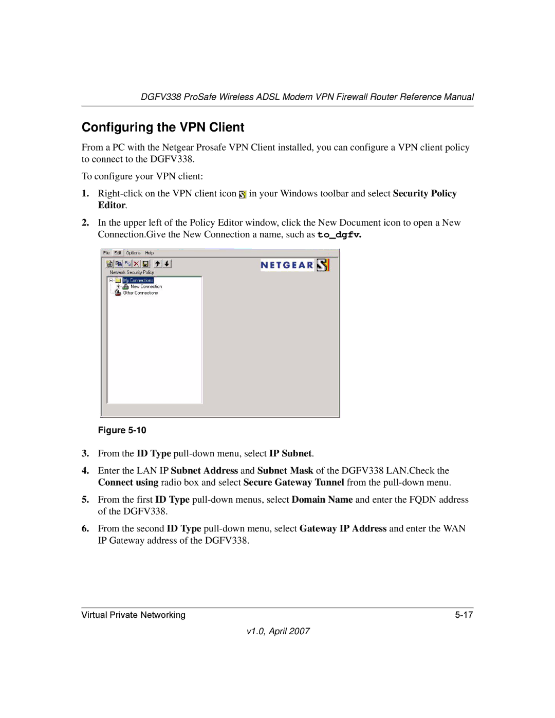 NETGEAR DGFV338 manual Configuring the VPN Client 