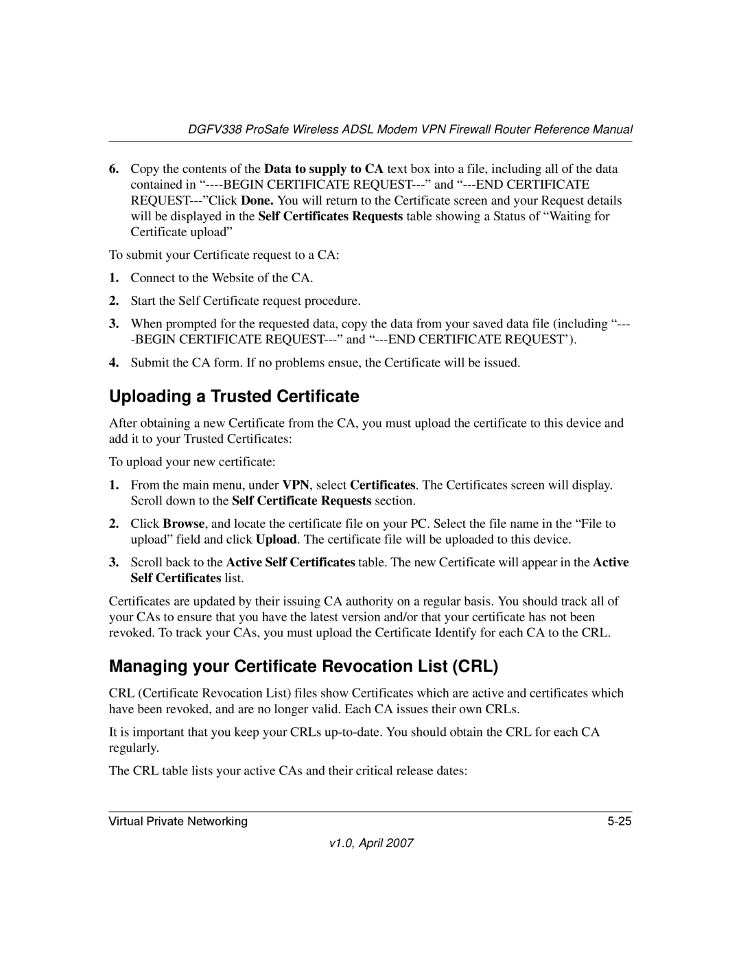 NETGEAR DGFV338 manual Uploading a Trusted Certificate, Managing your Certificate Revocation List CRL 