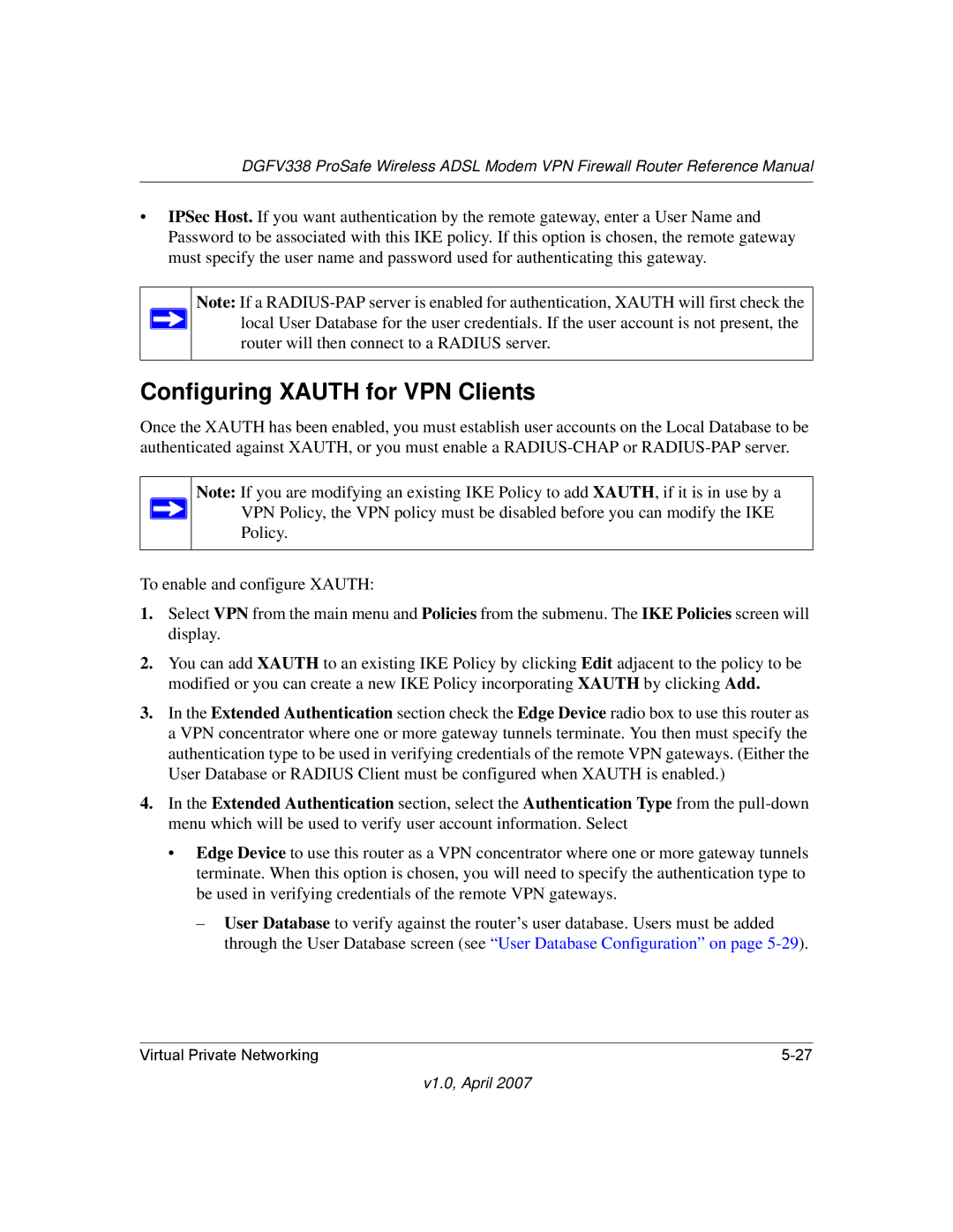 NETGEAR DGFV338 manual Configuring Xauth for VPN Clients 