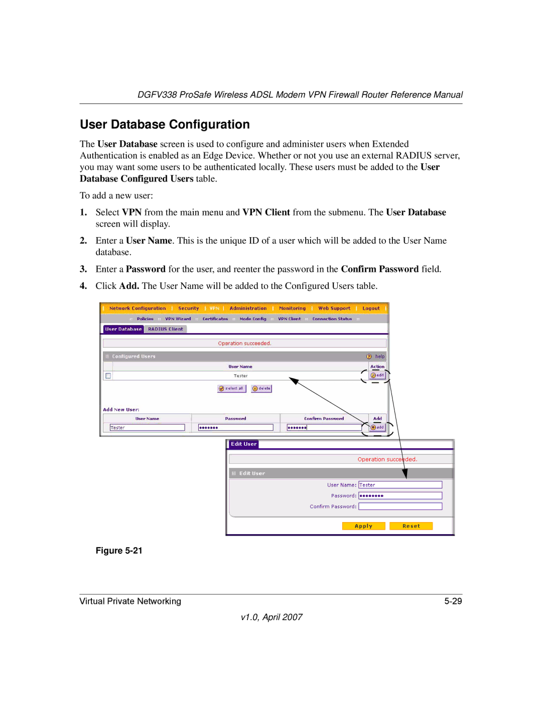 NETGEAR DGFV338 manual User Database Configuration 