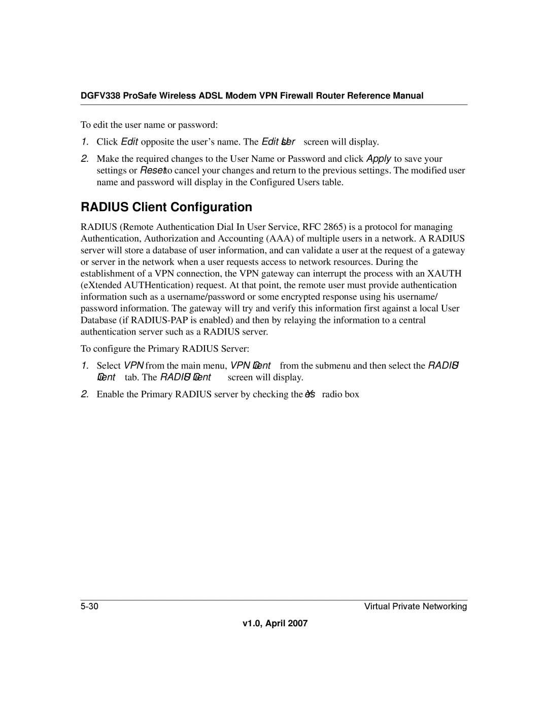 NETGEAR DGFV338 manual Radius Client Configuration 