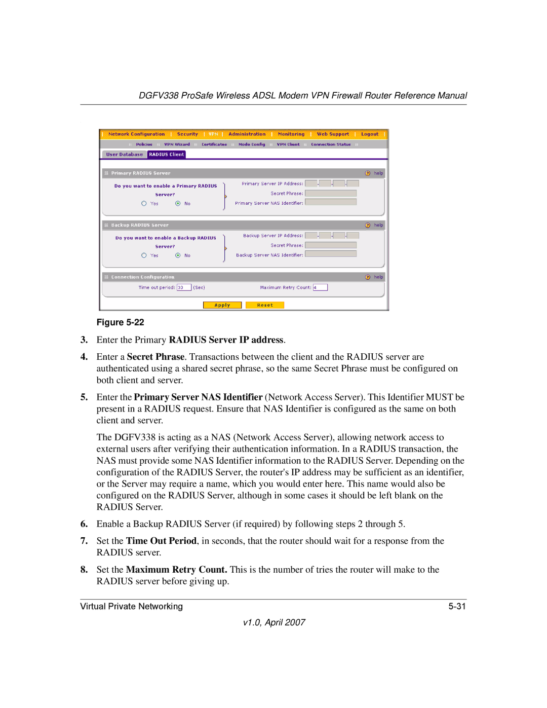 NETGEAR DGFV338 manual Enter the Primary Radius Server IP address 