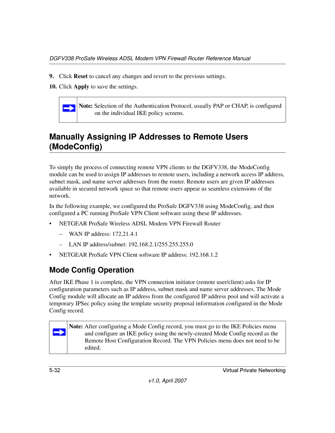 NETGEAR DGFV338 manual Manually Assigning IP Addresses to Remote Users ModeConfig, Mode Config Operation 