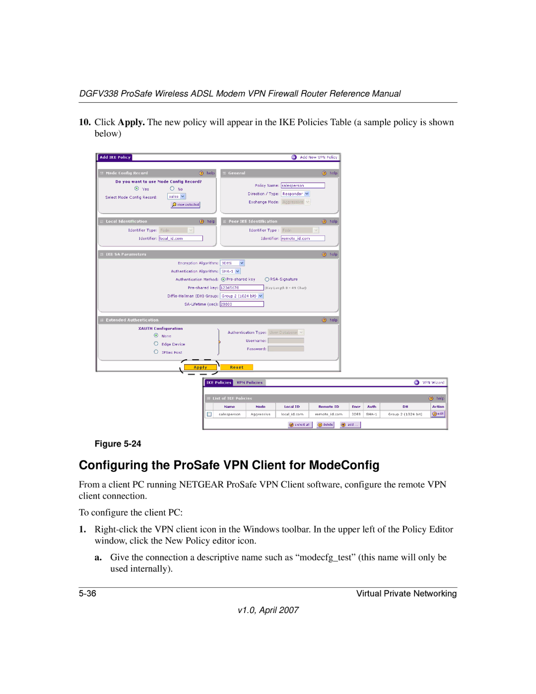 NETGEAR DGFV338 manual Configuring the ProSafe VPN Client for ModeConfig 