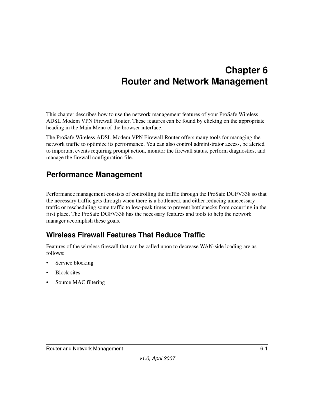 NETGEAR DGFV338 manual Performance Management, Wireless Firewall Features That Reduce Traffic 