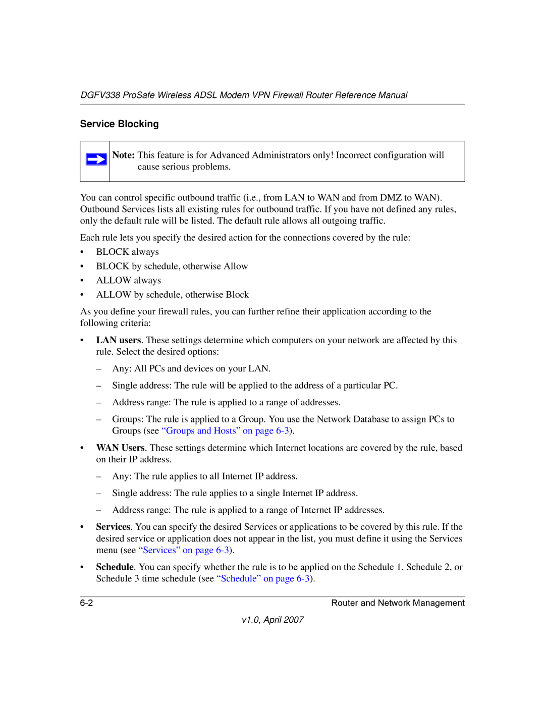 NETGEAR DGFV338 manual Service Blocking 