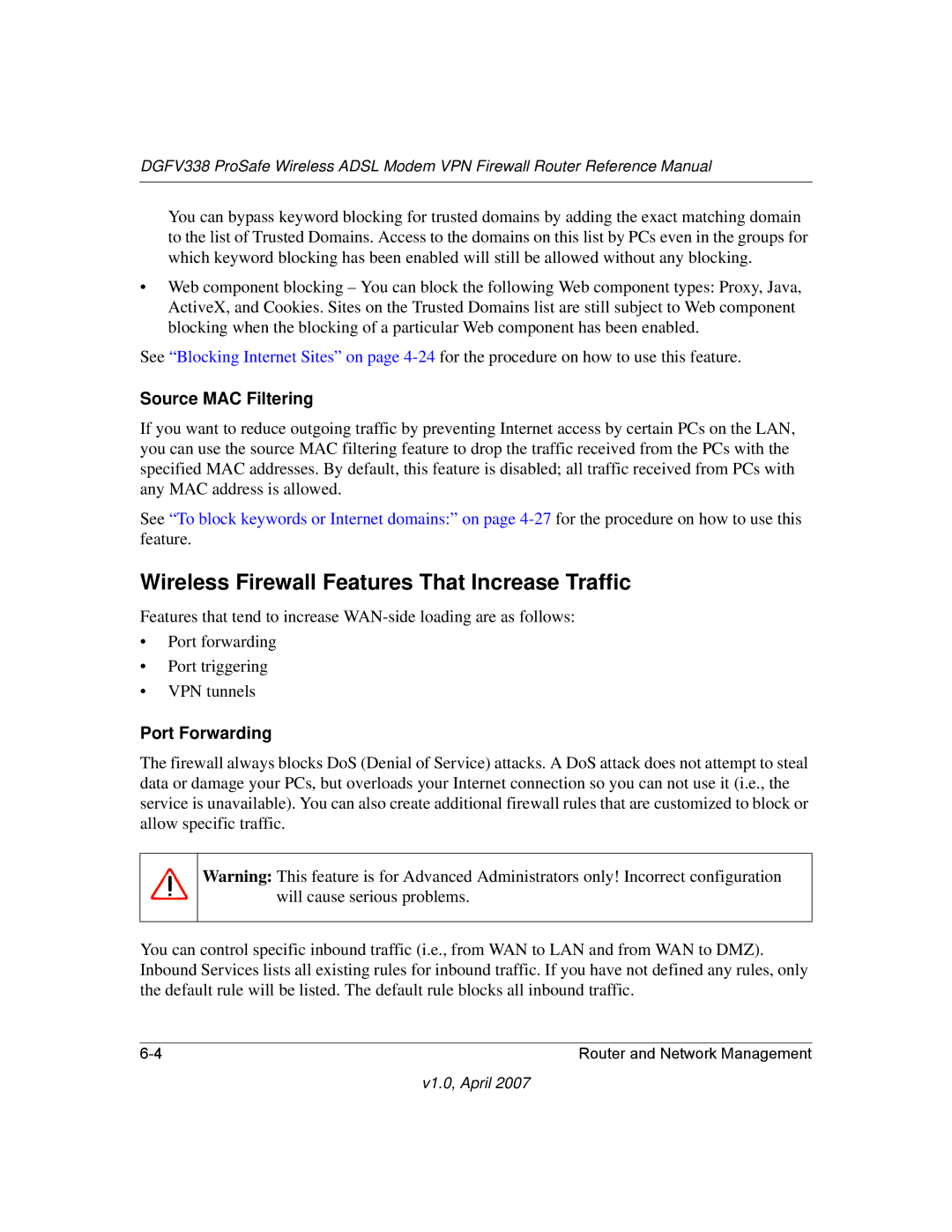 NETGEAR DGFV338 manual Wireless Firewall Features That Increase Traffic, Source MAC Filtering, Port Forwarding 