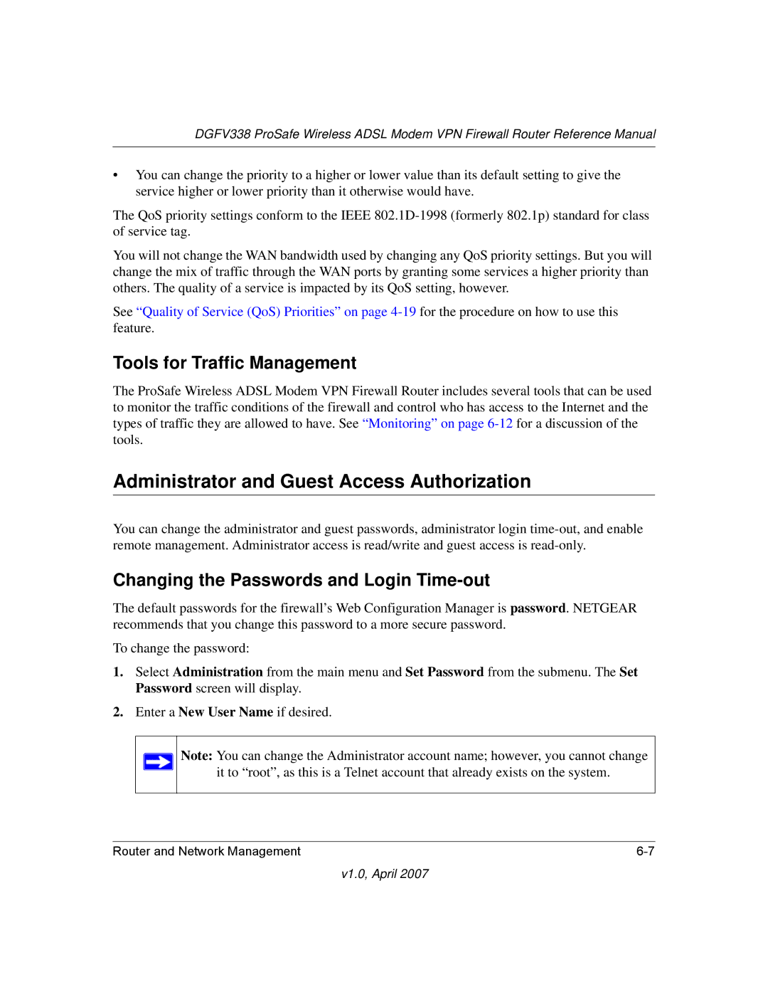 NETGEAR DGFV338 manual Administrator and Guest Access Authorization, Tools for Traffic Management 