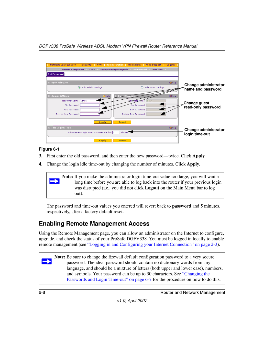 NETGEAR DGFV338 manual Enabling Remote Management Access 