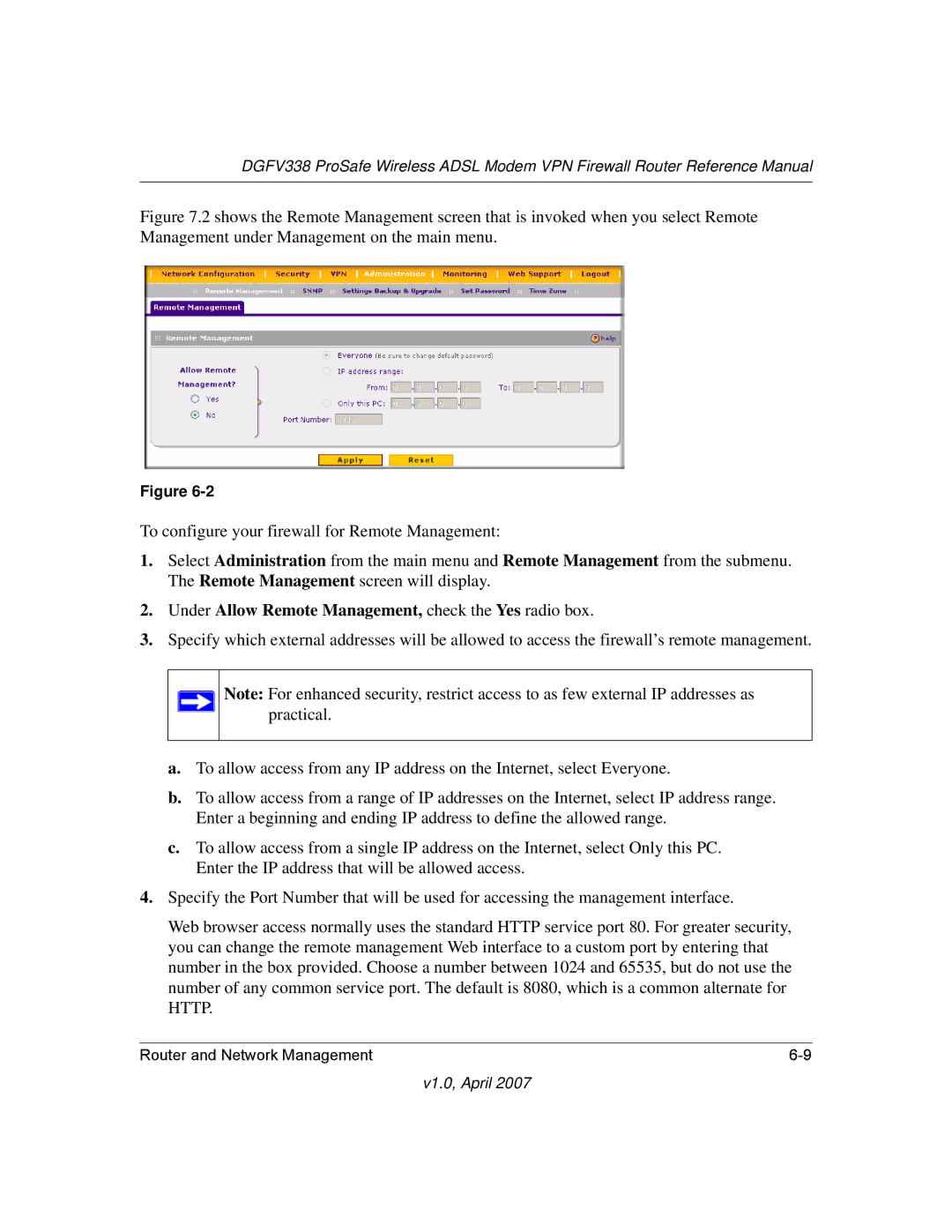 NETGEAR DGFV338 manual Under Allow Remote Management, check the Yes radio box 